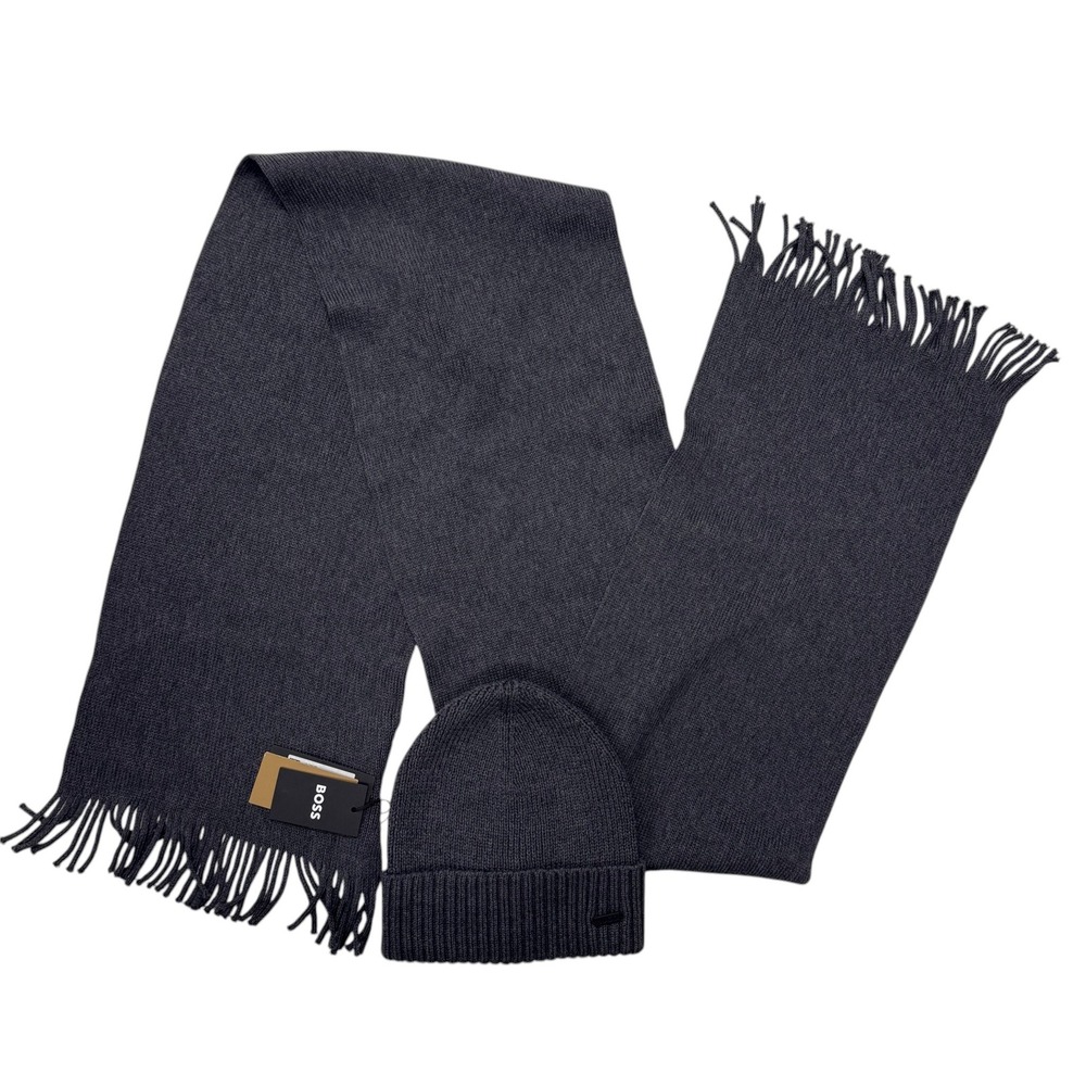 Hugo Boss Albas Scarf and Beanie Set Wool Medium Grey Knit 50427480 NEW NWT